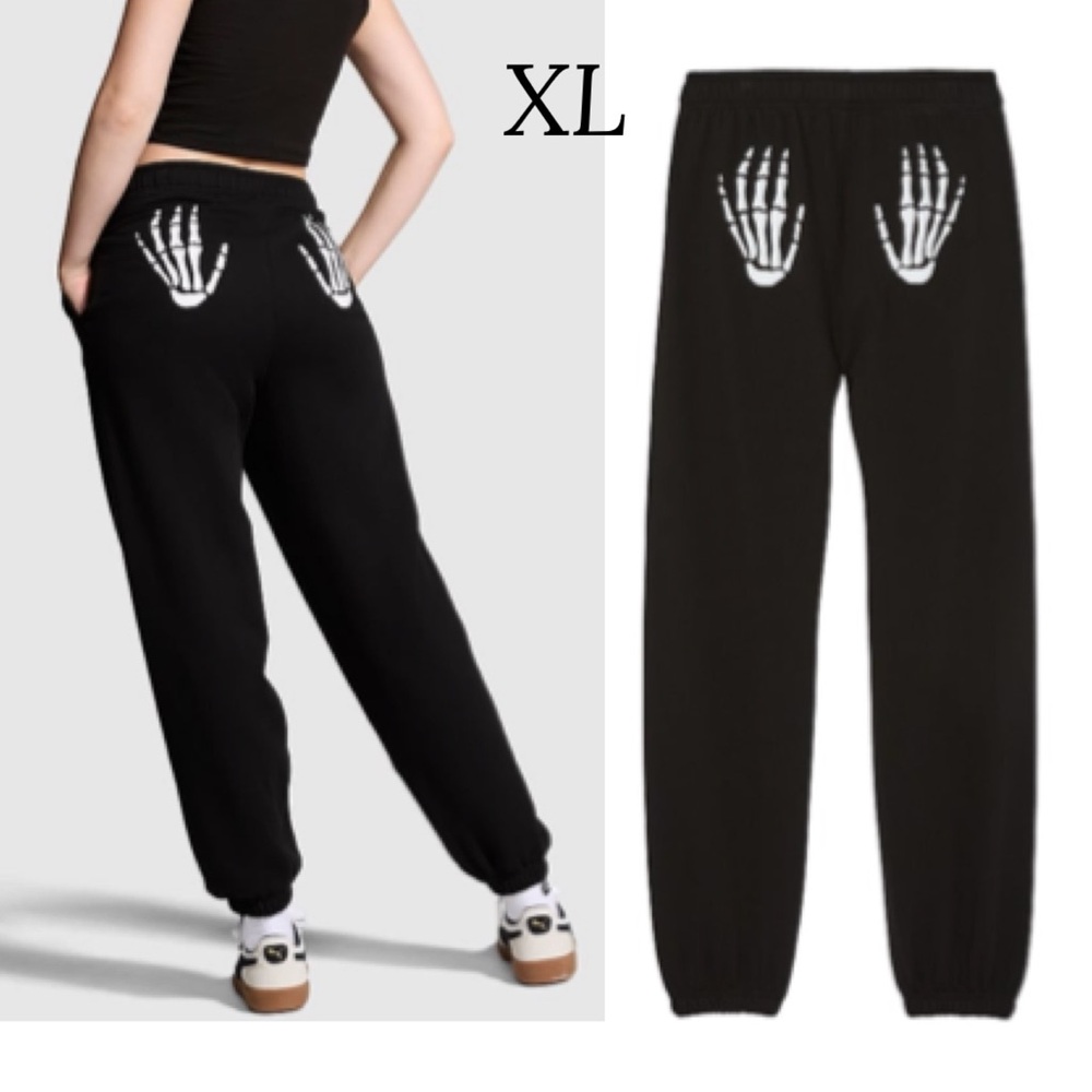 VS PINK IVY FLEECE SWEATPANTS IN PURE BLACK SKELETON HALLOWEEN SIZE EXTRA LARGE